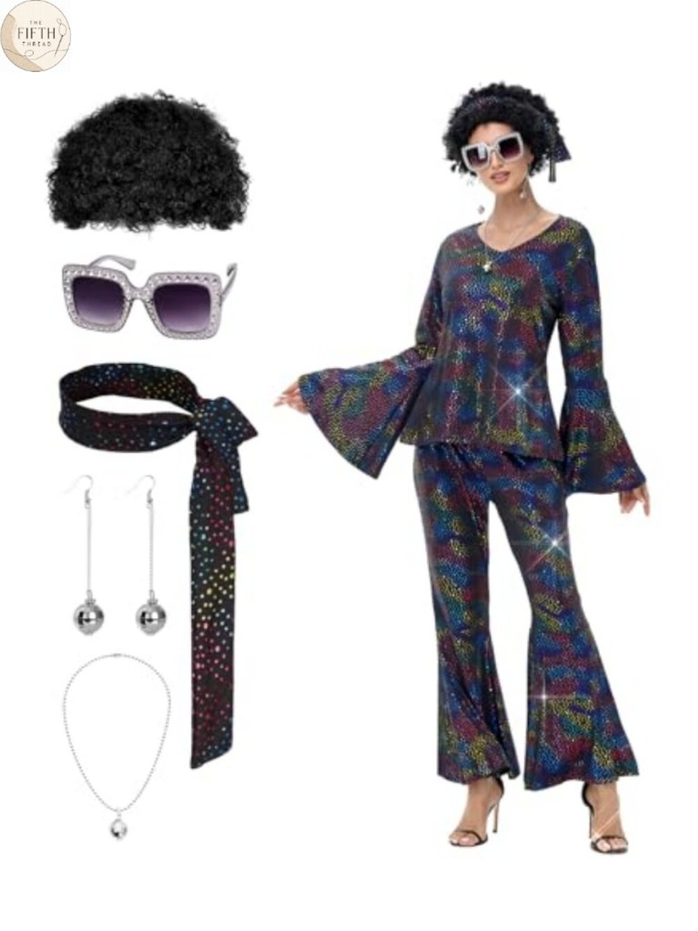 70s Disco Costume Set Sequin Top Bell Bottoms Wig Adult Halloween
